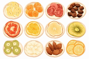 Colorful illustration of various dried fruits and nuts. - obrazy, fototapety, plakaty