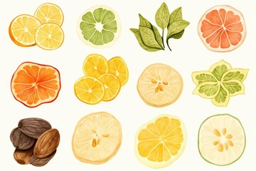 A variety of citrus fruits and botanicals, watercolor. - obrazy, fototapety, plakaty