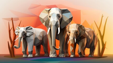 Create a low poly vector illustration of a family of elephants - obrazy, fototapety, plakaty