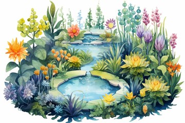 A beautiful watercolor painting of a garden with a pond, flowers, and lush greenery. - obrazy, fototapety, plakaty