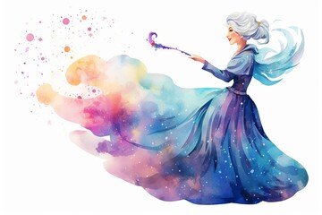 A beautiful watercolor painting of a woman in a blue dress with long white hair holding a magic wand. She is surrounded by colorful sparkles. - obrazy, fototapety, plakaty