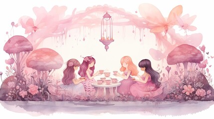 A beautiful watercolor painting of a group of fairies having a tea party in a magical forest - obrazy, fototapety, plakaty