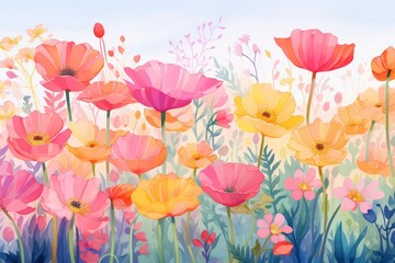 A beautiful watercolor painting of a field of flowers - obrazy, fototapety, plakaty