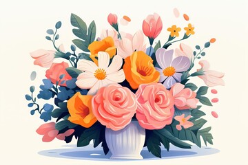A beautiful bouquet of flowers in a vase. The flowers are of various colors, including pink, yellow, and white. The bouquet is tied with a ribbon. - obrazy, fototapety, plakaty