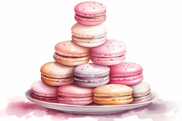 Aquarelle painting of a stack of multicolored macarons on a white plate - obrazy, fototapety, plakaty