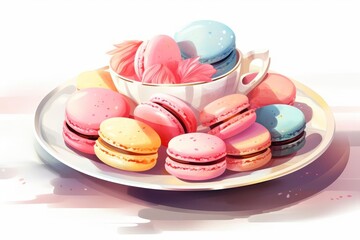 A beautiful watercolor painting of a plate of multicolored macarons - obrazy, fototapety, plakaty