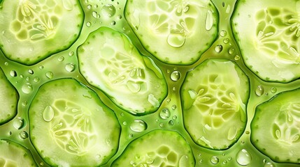 Background of green sliced cucumbers. Round slices of fresh cucumber.