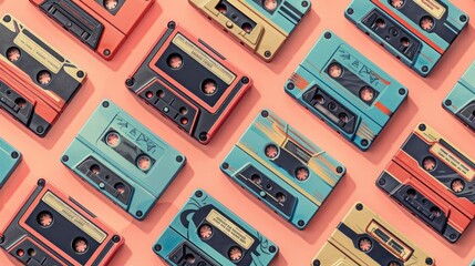Endless Pattern of 90s Mixtape Audio Cassettes with Handwritten Labels on Nostalgic Retro Colored Backgrounds in Salmon Pink, Sky Blue, and Lavender.