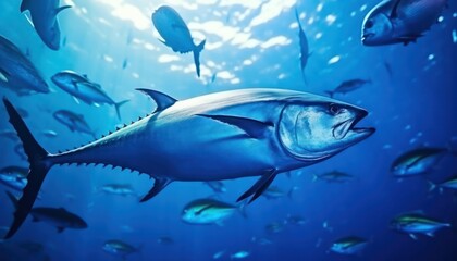 Naklejka premium Groups of giant Tuna fish in the underwater, coral reef, amazing underwater life, various fish and exotic coral reefs, ocean wild creatures background
