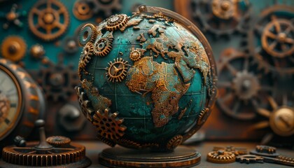 An artistic depiction of the globe, with continents shaped from intricately meshed gears, moving in unison