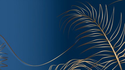 Fototapeta na wymiar A palm tree with a blue background featuring gold lines and leaves, website background, design template