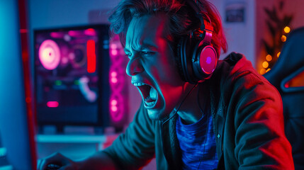 Emotional gamer for computer games and game consoles sat in front of the screen. Player with stormy emotions. Neon colors. Young man screaming in euphoria