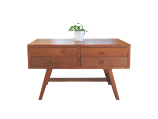 Vintage wooden table with 4 drawers and white pot isolated.