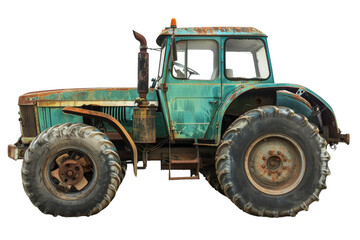 Fototapeta premium An old, rusted green tractor with a rusty wheel