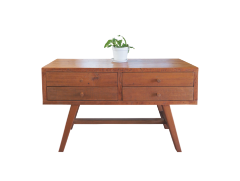 Vintage wooden table with 4 drawers and white pot isolated.