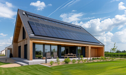 A new house in the suburbs with a photovoltaic system on the roof is an example of a modern approach to construction that combines elegance with ecology.