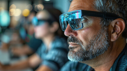 A man wearing augmented reality glasses with data displayed on the lens, reflecting the integration of digital information with the user's environment.