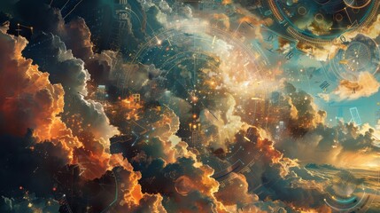 Fototapeta premium An artistic representation of clouds morphing into various symbols of time, such as sundials, digital clocks, and wristwatches, all interconnected by data lines