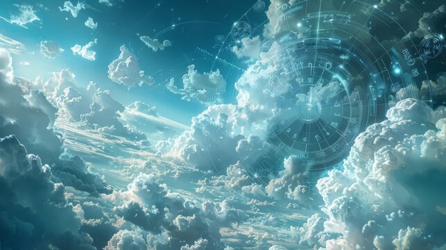 An artistic representation of clouds morphing into various symbols of time, such as sundials, digital clocks, and wristwatches, all interconnected by data lines