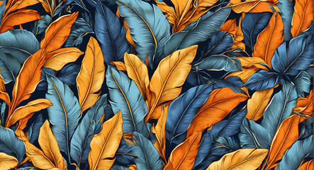 Tropical luxury exotic seamless pattern of blue and orange yellow banana leaves, palm leaves, vintage abstract illustration, hand-drawn style, fabric printing texture design, 