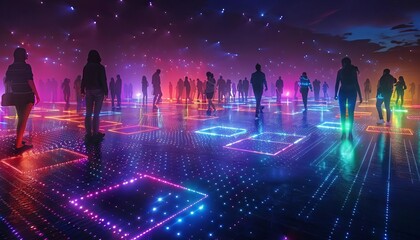 An artistic representation of a dance floor where dancers movements on solar panel tiles generate the venues lighting