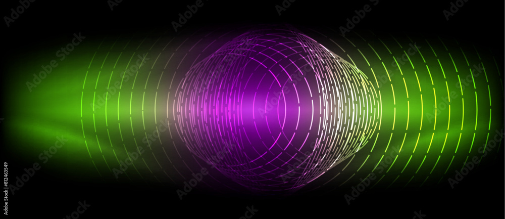 Poster a vibrant purple and green sound wave on a black background, resembling liquid in motion. the colors