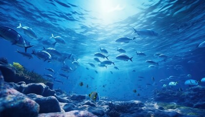 Fototapeta premium Groups of giant Tuna fish in the underwater, coral reef, amazing underwater life, various fish and exotic coral reefs, ocean wild creatures background