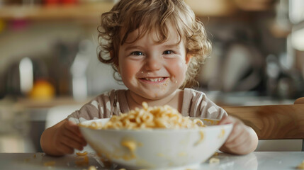 A joyful toddler with curly hair smiling at the camera with a large bowl of spaghetti, some strands of pasta scattered around on the table in front.