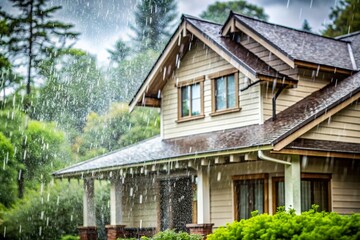 Rain falling on wooden house in the garden rainy day