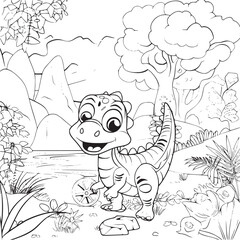 Coloring Pages Cute Tyrannosaurus Dinosaur of meadows, trees, mountains and clouds. Printable Coloring book Outline black and white.