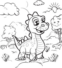 Coloring Pages Cute Tyrannosaurus Dinosaur of meadows, trees, mountains and clouds. Printable Coloring book Outline black and white.