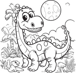 Coloring Pages Cute Tyrannosaurus Dinosaur of meadows, trees, mountains and clouds. Printable Coloring book Outline black and white.