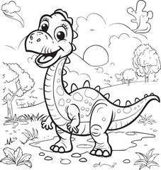 Coloring Pages Cute Tyrannosaurus Dinosaur of meadows, trees, mountains and clouds. Printable Coloring book Outline black and white.