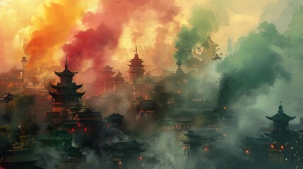 An eerie depiction of a traditional village with every house chimney emitting colorful smog, symbolizing diverse pollutants