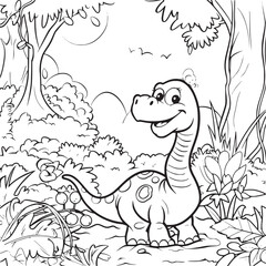 Coloring Pages Cute Tyrannosaurus Dinosaur of meadows, trees, mountains and clouds. Printable Coloring book Outline black and white.
