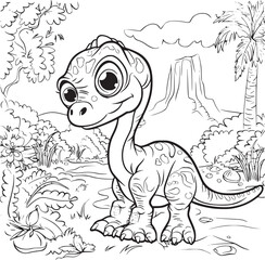 Coloring Pages Cute Tyrannosaurus Dinosaur of meadows, trees, mountains and clouds. Printable Coloring book Outline black and white.