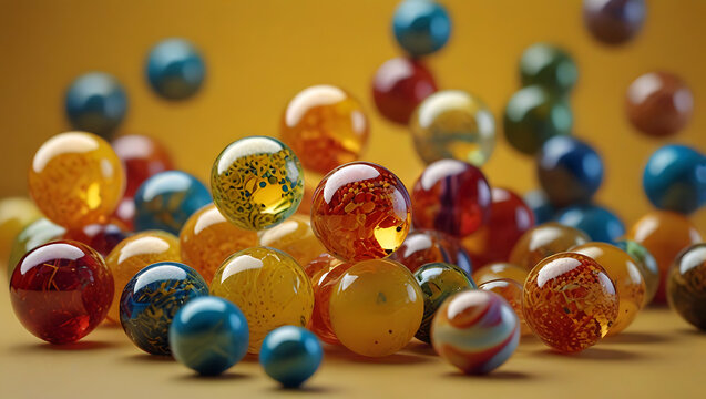 Multiple multicolored cascade small marbles balls, glass balls motion on a bright yellow background, round