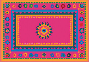 A pink rectangular background with colorful traditional Indian truck art pattern
