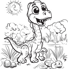 Coloring Pages Cute Tyrannosaurus Dinosaur of meadows, trees, mountains and clouds. Printable Coloring book Outline black and white.
