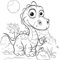 Coloring Pages Cute Tyrannosaurus Dinosaur of meadows, trees, mountains and clouds. Printable Coloring book Outline black and white.
