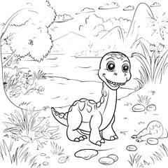 Coloring Pages Cute Tyrannosaurus Dinosaur of meadows, trees, mountains and clouds. Printable Coloring book Outline black and white.