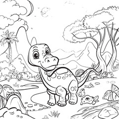 Coloring Pages Cute Tyrannosaurus Dinosaur of meadows, trees, mountains and clouds. Printable Coloring book Outline black and white.