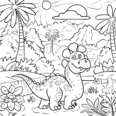 Fototapeta premium Coloring Pages Cute Tyrannosaurus Dinosaur of meadows, trees, mountains and clouds. Printable Coloring book Outline black and white.