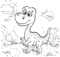 Coloring Pages Cute Tyrannosaurus Dinosaur of meadows, trees, mountains and clouds. Printable Coloring book Outline black and white.