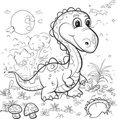 Coloring Pages Cute Tyrannosaurus Dinosaur of meadows, trees, mountains and clouds. Printable Coloring book Outline black and white.