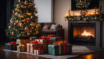 Colorful gift boxes under the Christmas tree and beside the fireplace in the living room