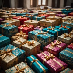 Fototapeta na wymiar Rows of beautifully wrapped Eid gifts waiting to be exchanged among loved ones.