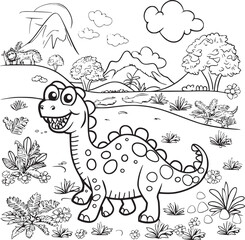 Coloring Pages Cute Tyrannosaurus Dinosaur of meadows, trees, mountains and clouds. Printable Coloring book Outline black and white.