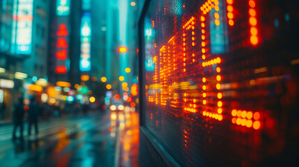 Obraz premium The photo shows the stock market numbers on the screen in red and green reflecting on the glass window.