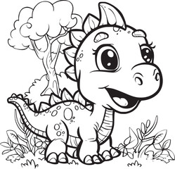 Coloring Pages Cute Tyrannosaurus Dinosaur of meadows, trees, mountains and clouds. Printable Coloring book Outline black and white.